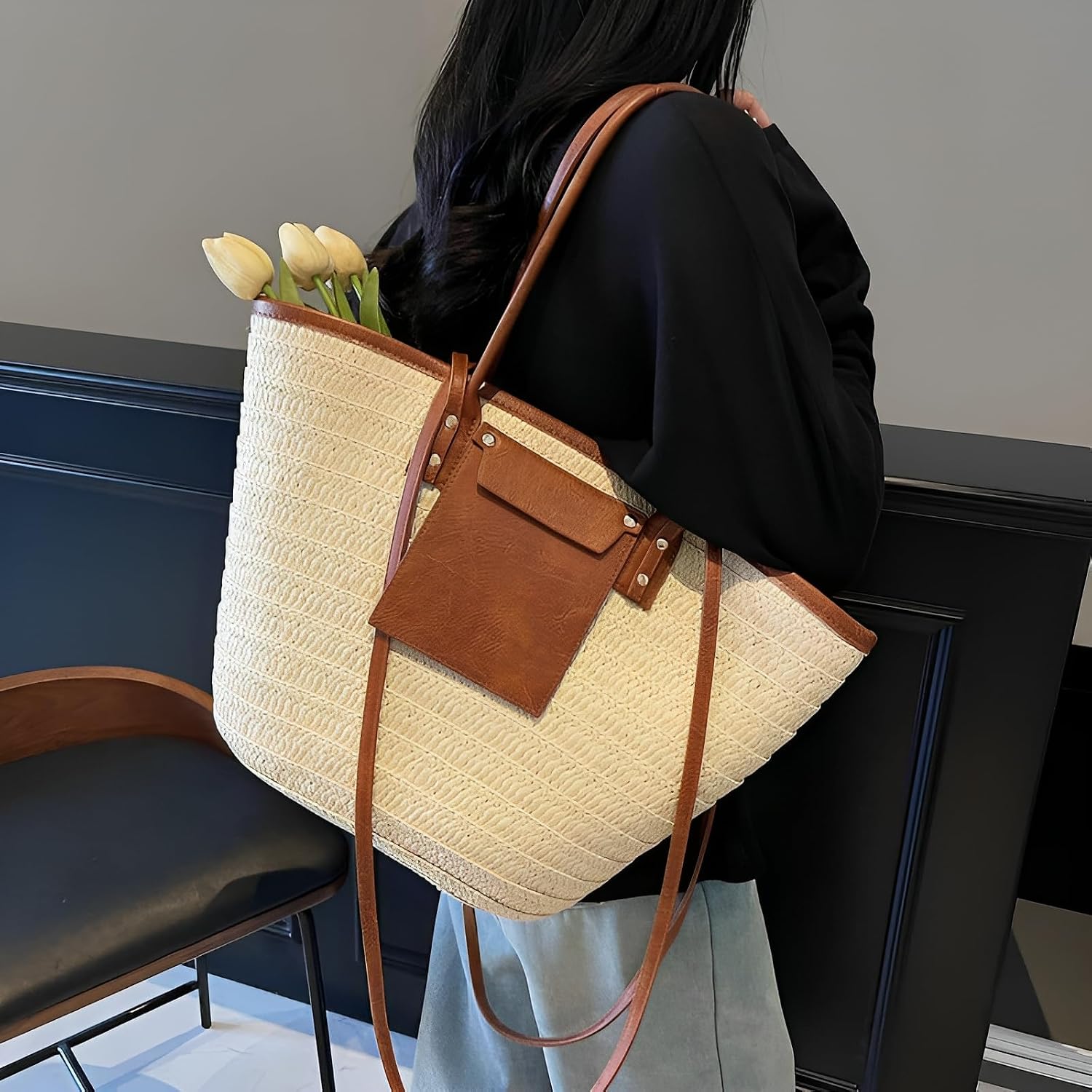 Women Straw Tote Bag Summer Beach Bags Luxury Handmade Shoulder Bag Woven Basket Handbags Large Straw Purses