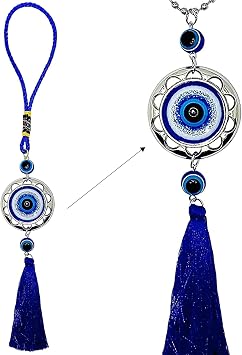LUCKBOOSTIUM Evil Eye Wheel of Fortune - Evil Eye Keychain for Good Luck, Blessings and Protection - Car Hanging Ornament, Rear View Mirror Accessories, Home Decor, and Bag Charms Silver Blue Rope