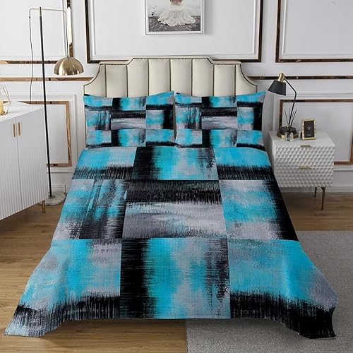 Miniatura 2 de Juego de edredón azul negro y gris para niños y niños, juego de colcha geométrica de retazos a cuadros, juego de colcha King retro grunge graffiti