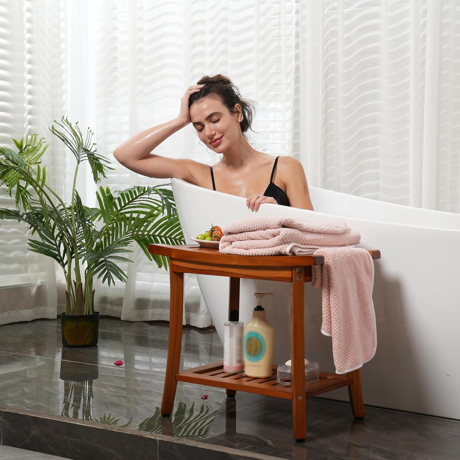Utoplike Sedile da doccia in teak con maniglie, sgabello da bagno portatile in legno con ripiano per asciugamani, grande panca da doccia impermeabile, perfetto per il bagno e l'uso esterno