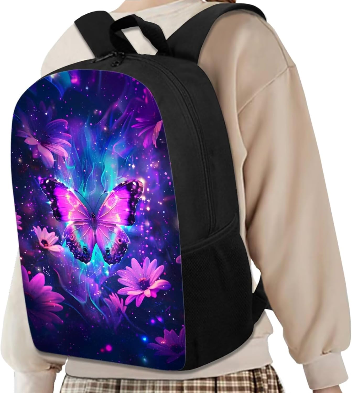 Personalized Print Backpack And Lunch Bag Set for Boys Girls Dreamlike Floral Galaxy Butterfly Backpack with Lunch Box Pencil Case Lightweight Student Daypack Kids Purple 17 Inch School Bag