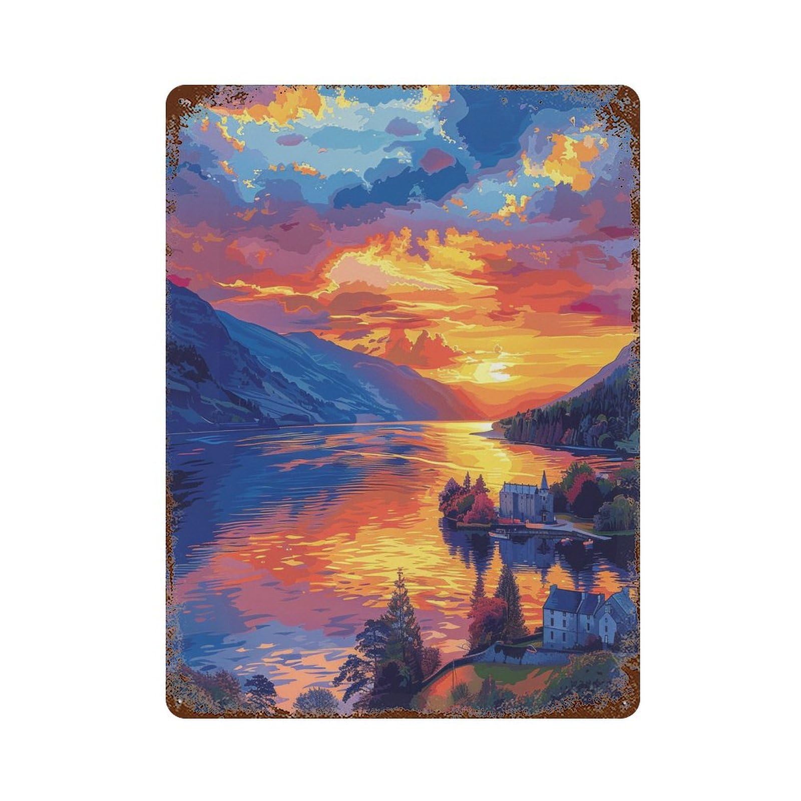 Rust Effect Scenic Sunset Lake View Vintage Rust Metal Sign 15.7"x11.8", Decorative Metal Wall Art for Shed, Workshop And Garage Wall Decor