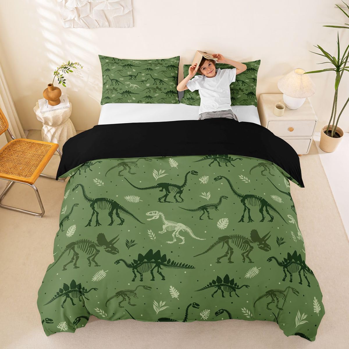Dinosaur Skeleton Duvet Cover Set Queen Size,Army Green Dino Print Bedding Sets 3Pcs Kids Girls Boys Women Room Decor,Tropical Palm Leaves Comforter Cover Wild Animals Plants Quilt Cover,2 Pillowcases