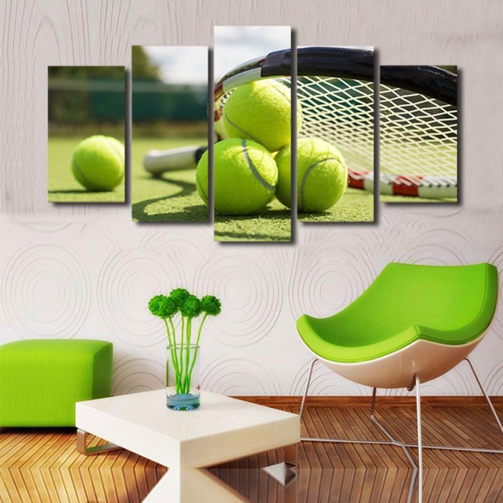 Canvas Art Tennis Racket Painting Wall Pictures for Living Room Decor Frame Poster Tennis Lovers Giclee Artwork for Wall Decoration 5 Panels Stretched and Framed Gifts