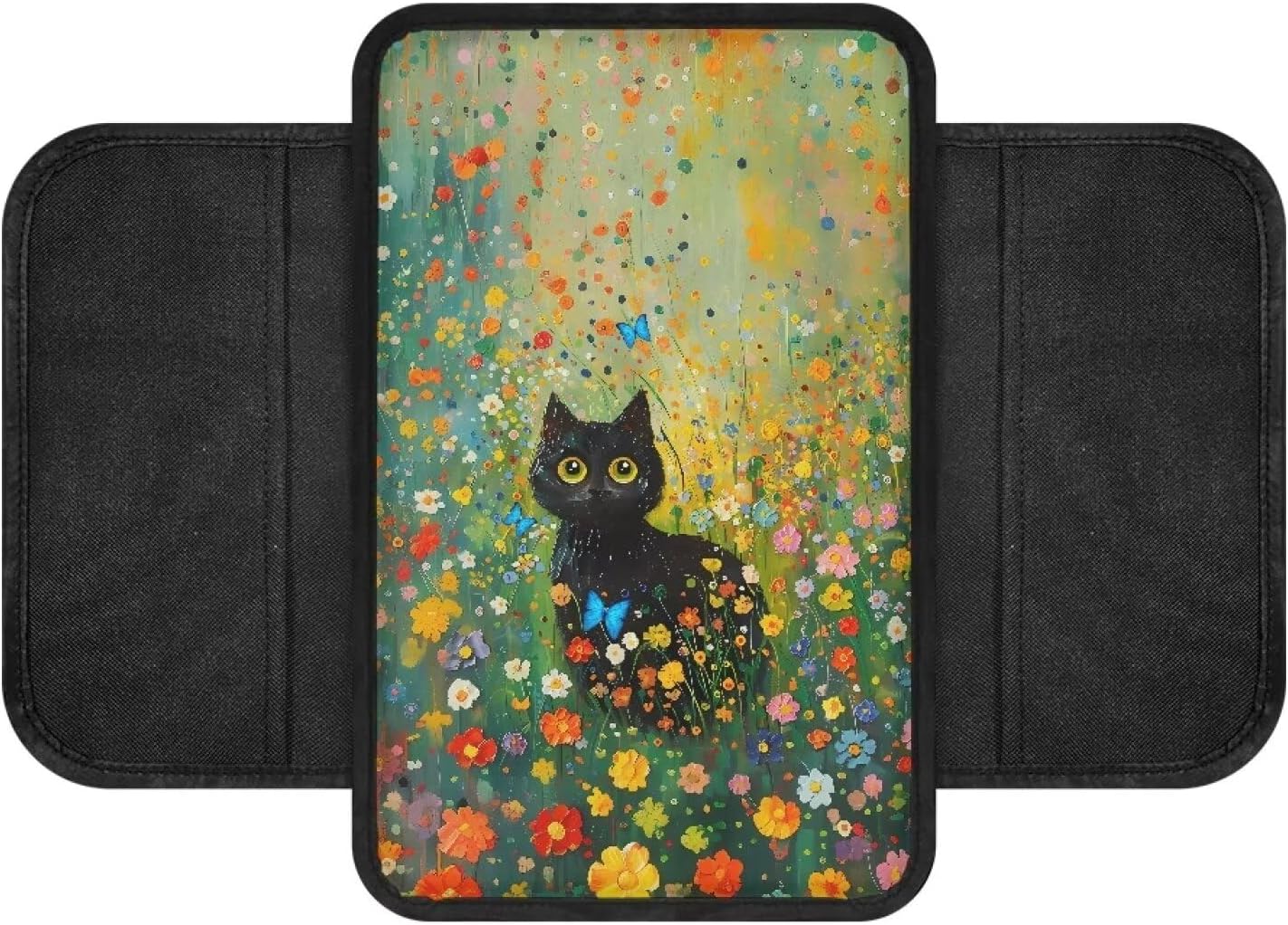 Car Armrest Box Pad, Colorful Oil Painting Flower Bush Black Cat Pattern Soft Dirt-Resistant Car Center Console Cover with Two Storage Pockets, Comfortable Automotive Interior for Most Vehicles