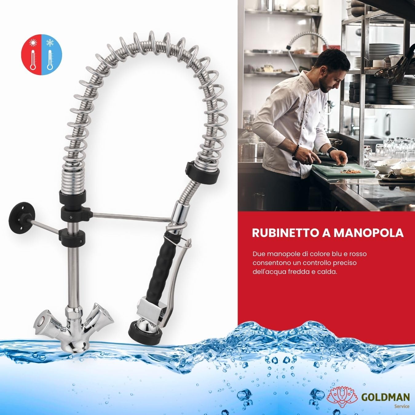 GOLDMAN SERVICE | Rubinetto a Pomello Estraibile per Lavello da Cucina con Doccia a Spray. Usi Industriali, Alberghieri e Domestici.