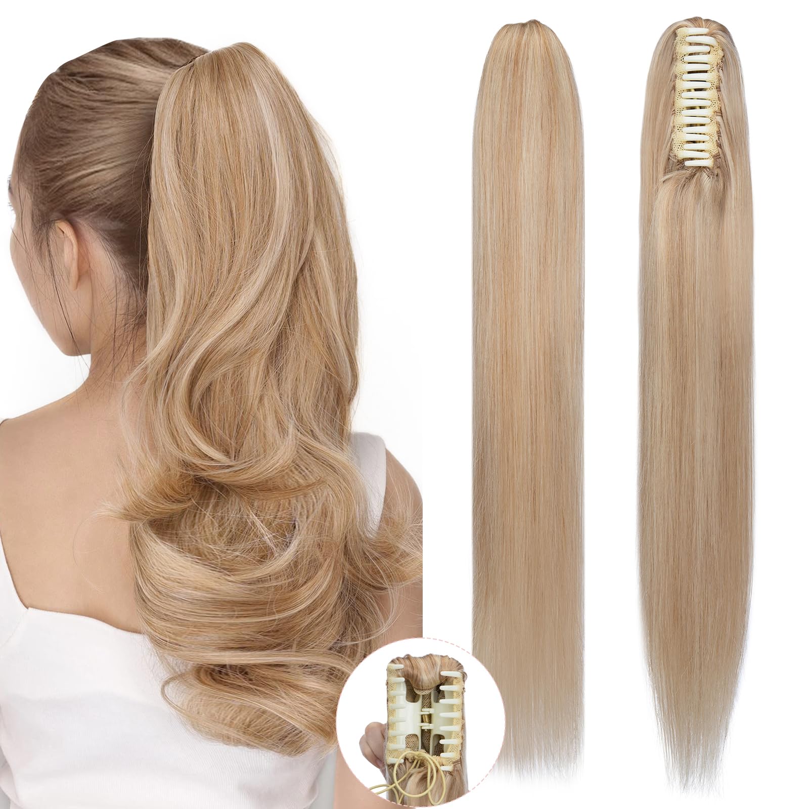 SEGO Pro Claw Clip Ponytail Extension Human Hair Long Straight Clip in Ponytail Hair Extensions Real Hair Ponytail Extension,20inch #18P613 Gold