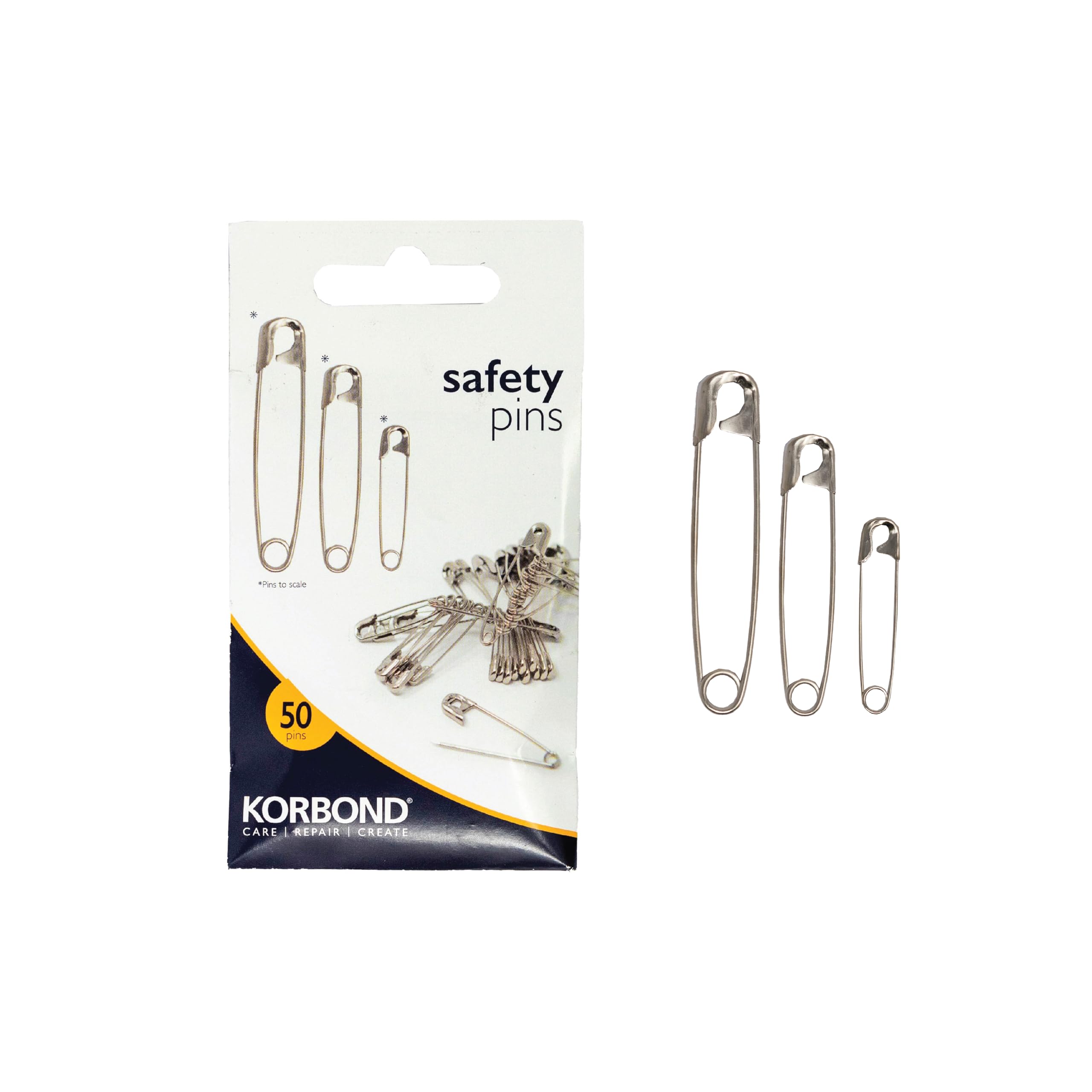 Korbond - 50 Piece Safety Pin Pack, Nickel, Packaging may vary