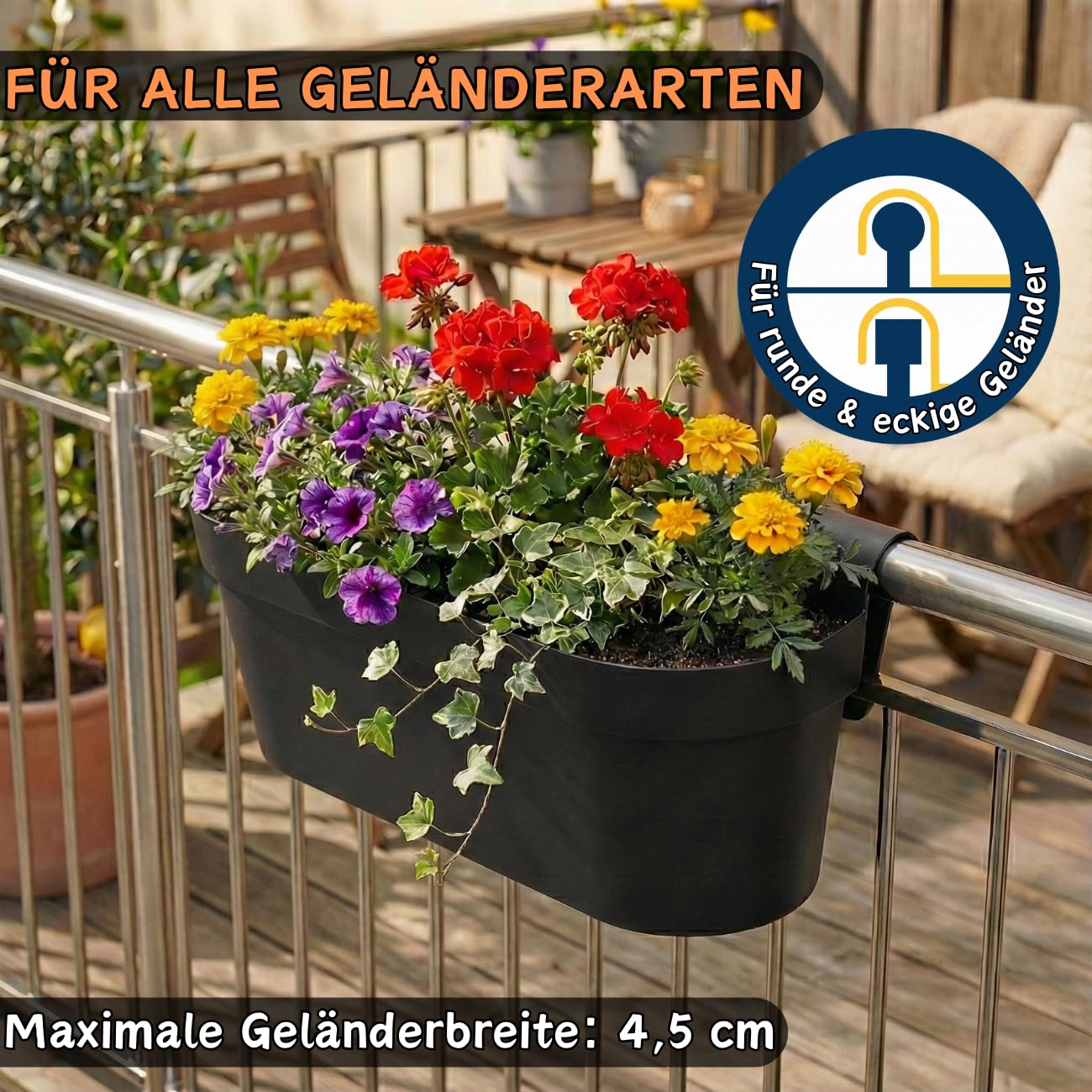 3 x Balkonkasten für Geländer & Zaun, Anthrazit, Blumentopf mit Wasserspeicher, Blumenkasten zum EIN-Hängen, Balkontopf, Pflanzkasten, 49 x 20,5 x 23 cm, Außenbereich, Kunststoff