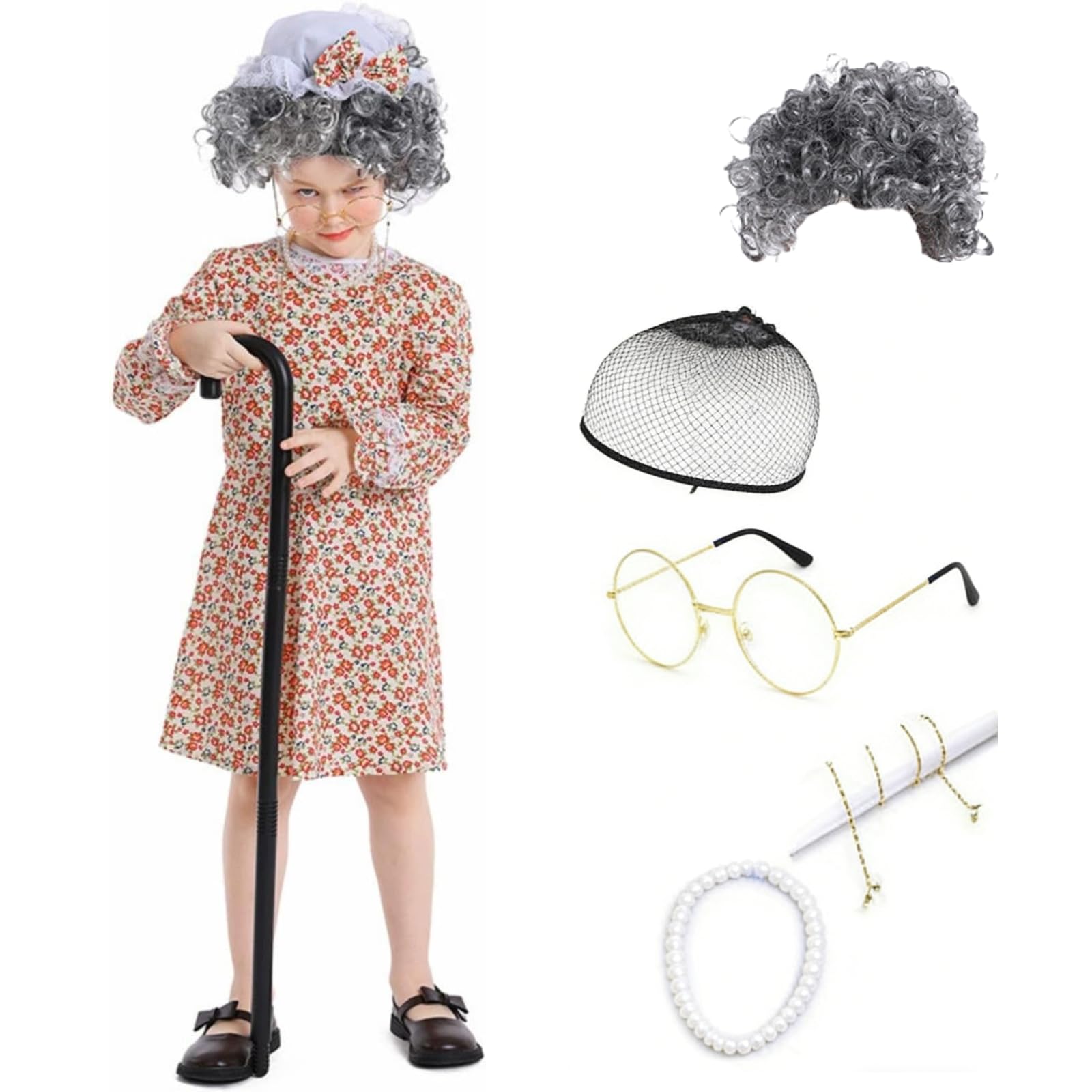 HAPNBCELE Granny Costume for Girls, 6PCS Old Lady Fancy Dress Outfit World Book Day 100 Days of School Halloween Birthday (Floral, 6-8 Years)