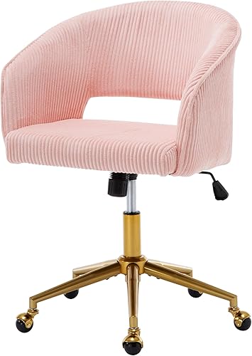 Westice Sillas de escritorio de oficina en casa, moderna silla rodante de pana, silla giratoria de altura ajustable con base dorada, silla