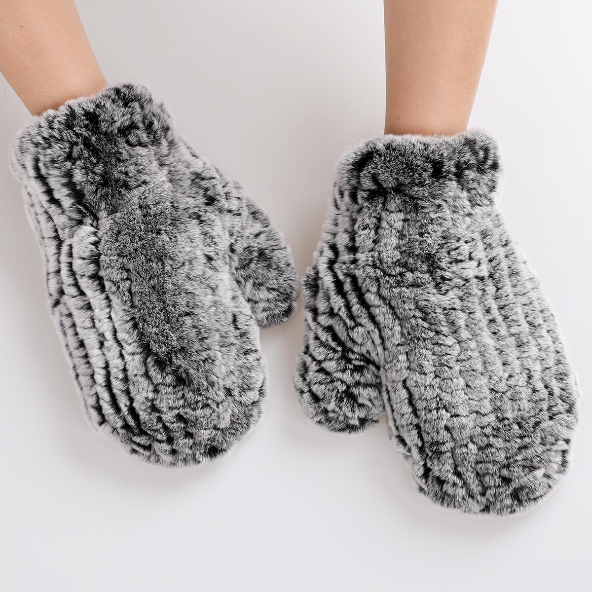 Luxury Women's Genuine Rex Rabbit Fur Knitted Mittens-Soft Winter Cold Weather Gloves