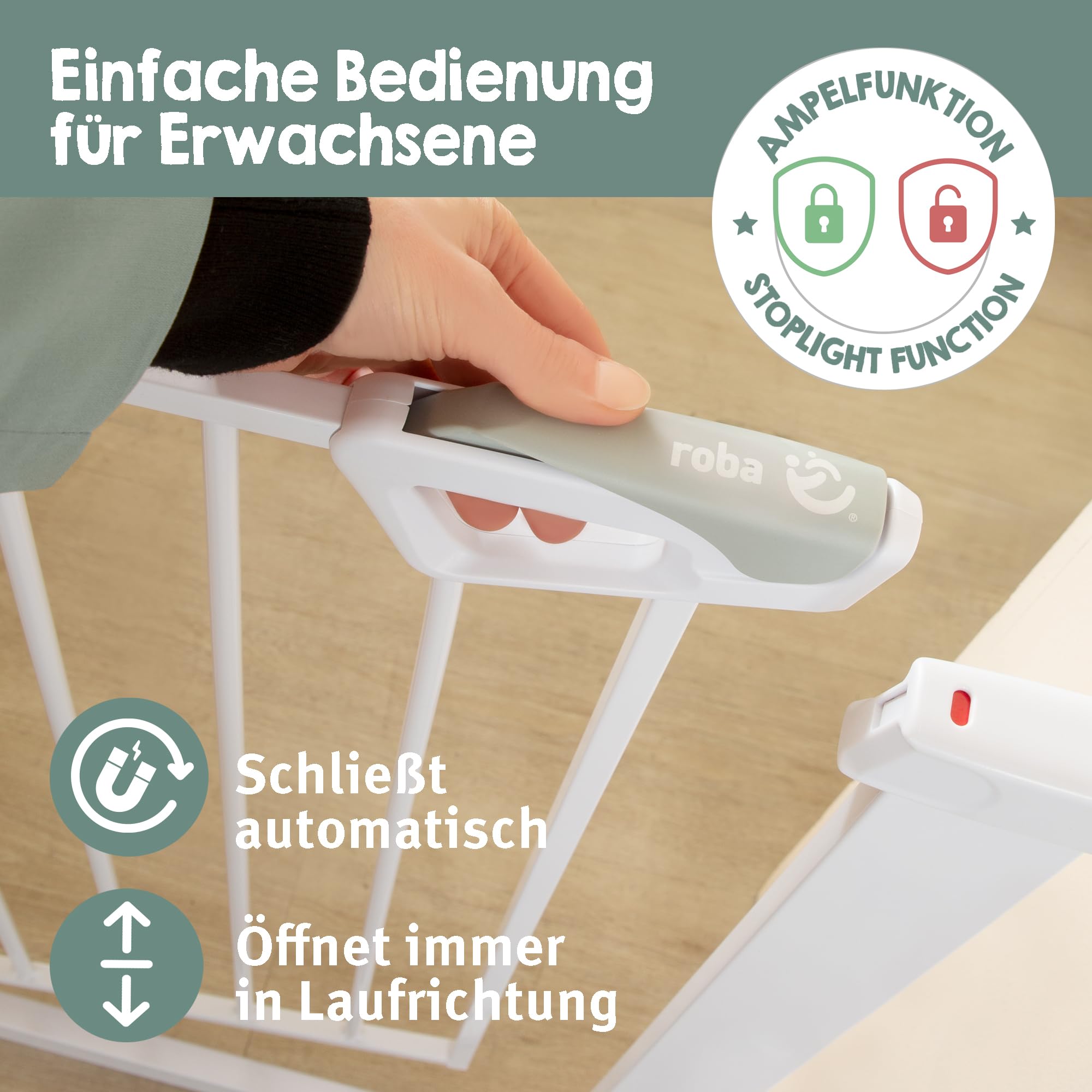 roba barrera de seguridad easySafe+ para puertas y escaleras metal ajustable 75-82 cm extensible hasta 110 cm TÜV cierre con indicador tope 90° sin taladrar para niños 0-24 meses blanco