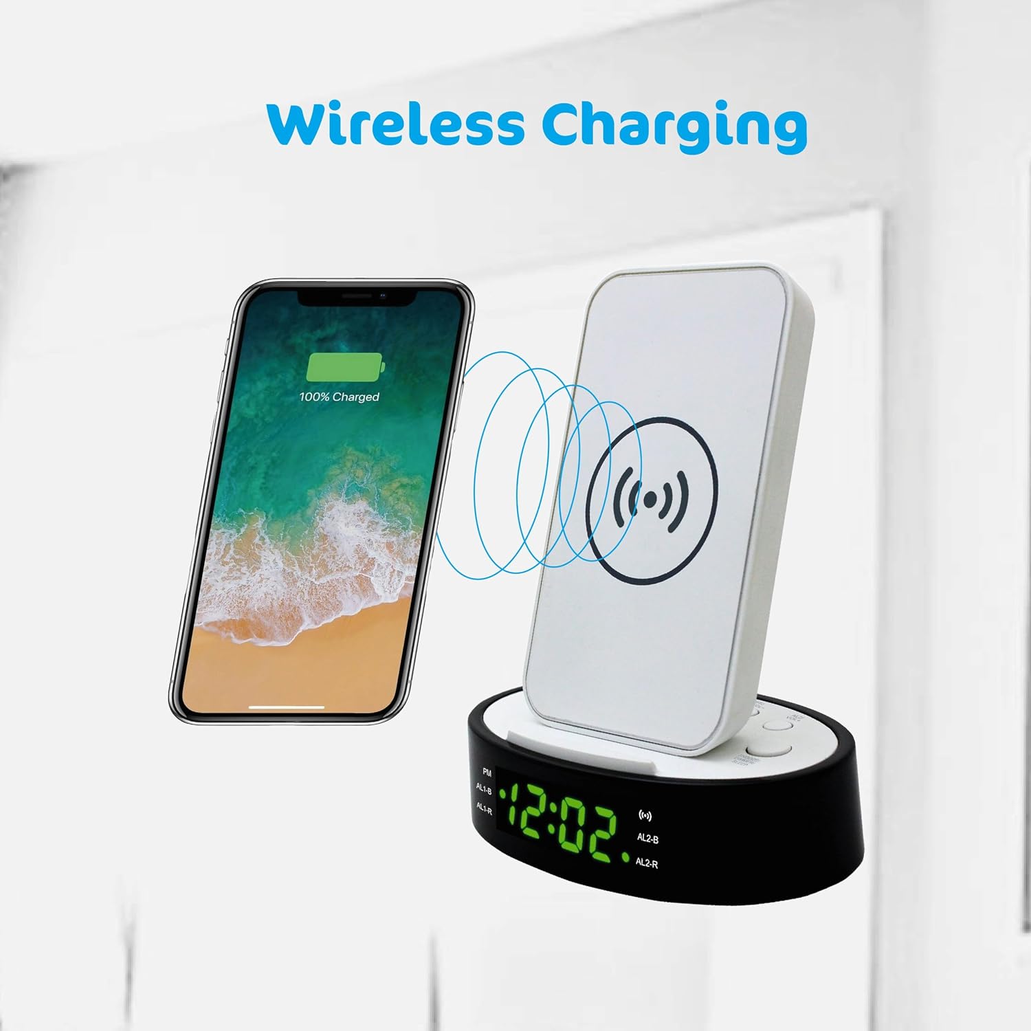 HANNLOMAX HX-203Wi PLL FM Radio Alarm Clock with Wireless Charger and 2.4A USB Port for Charging, Aux-in (White)
