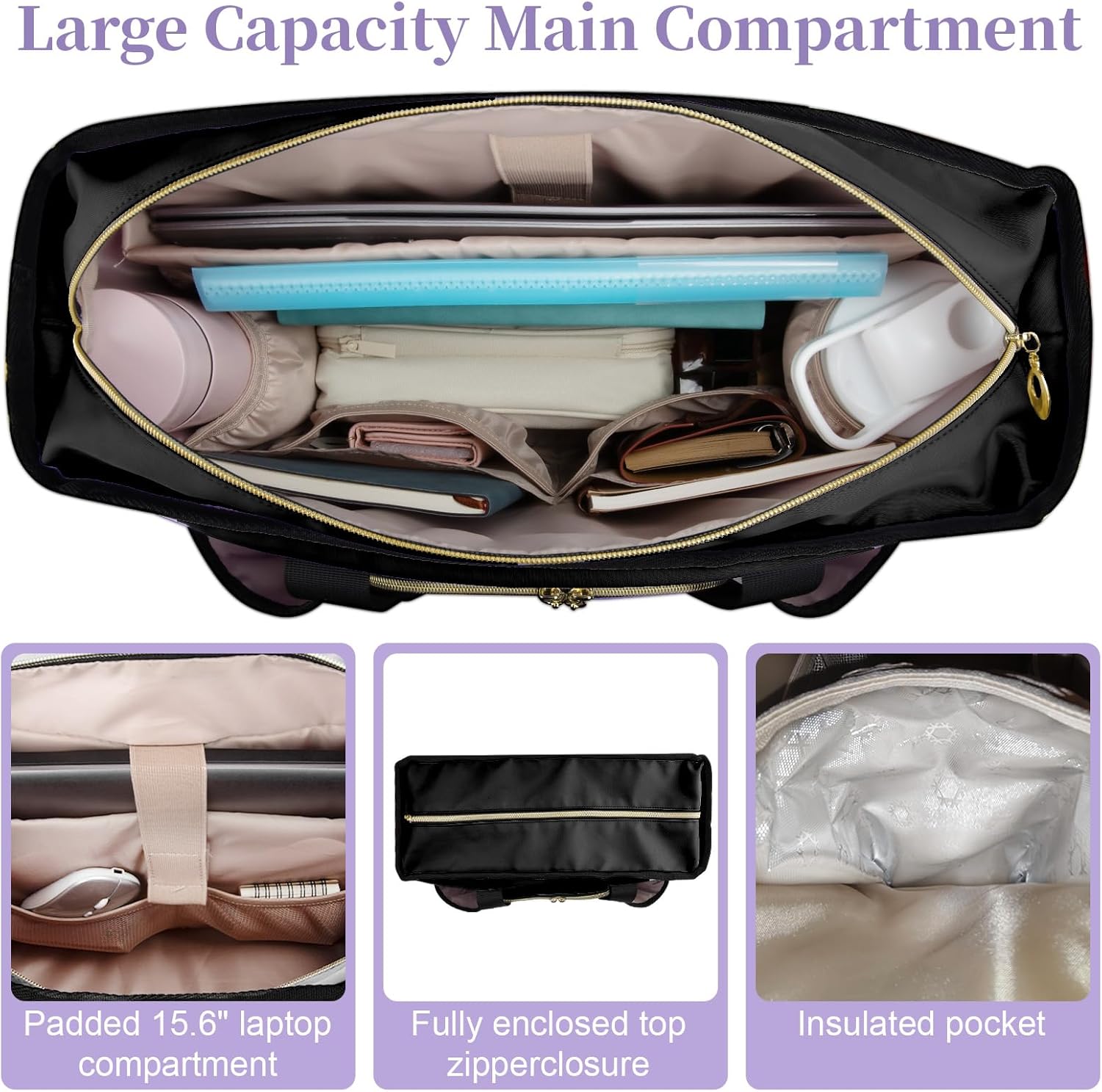 Nurse Bag, Work Bags with 15.6-inch Laptop Compartment, Teacher bag with Large Cup Holder, Nursing Tote Bag with Insulated Pocket for Nurses, Teachers, Students, and Professionals, Black