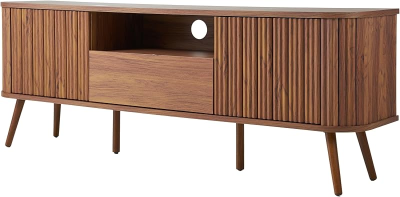 JONATHAN Y Damien 70" Curved Fluted TV Stand for TVs Up to 75", Walnut