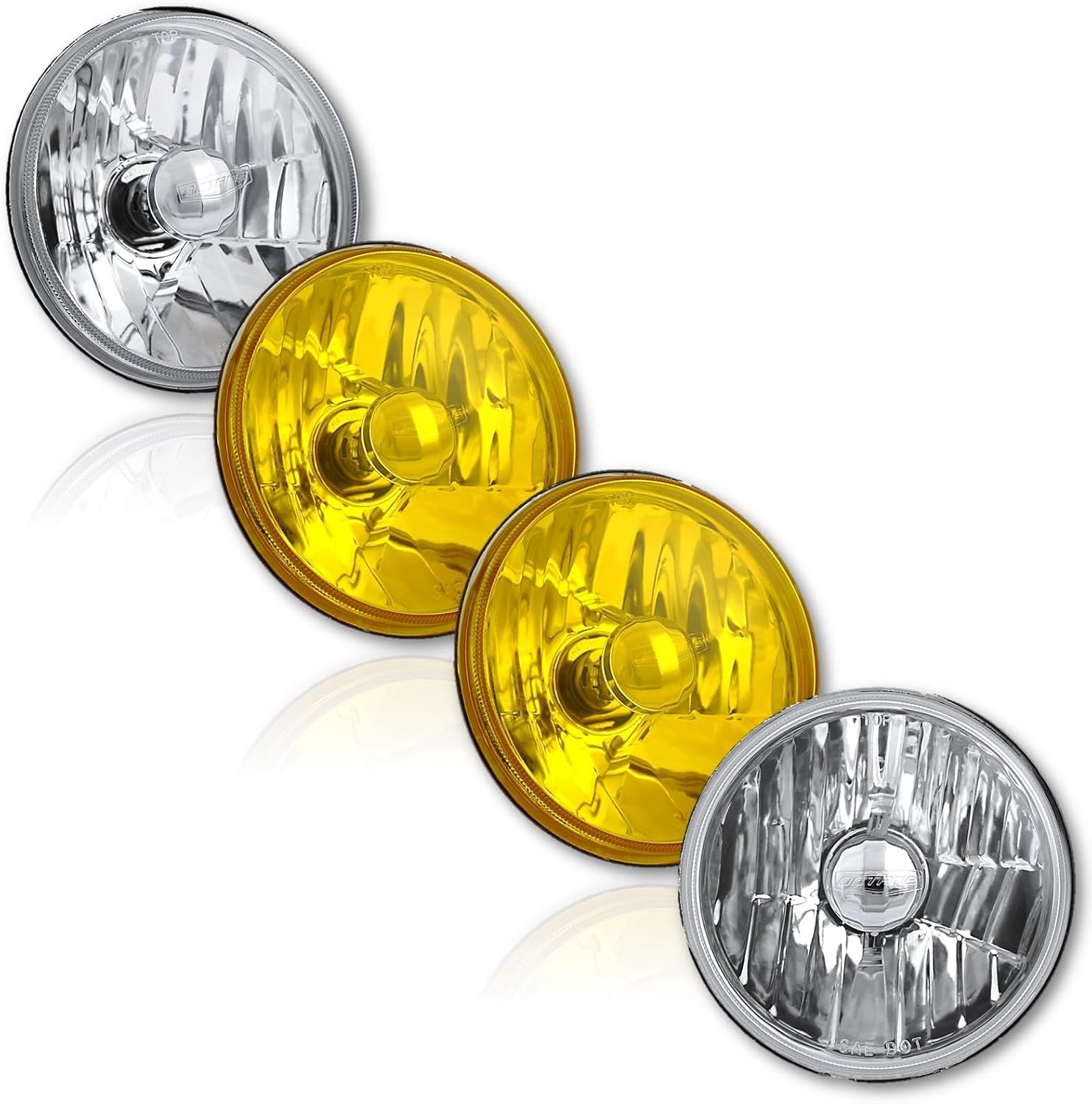 Octane Lighting 5-3/4" Halogen Crystal Clear Headlight Amber Yellow Glass Fog H4 Light Bulbs Set