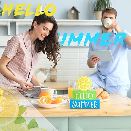 Miniatura 2 de 3 piezas de decoración de bloques de madera de verano para el hogar, bandeja escalonada de madera de limón, decoración rústica de hola verano para