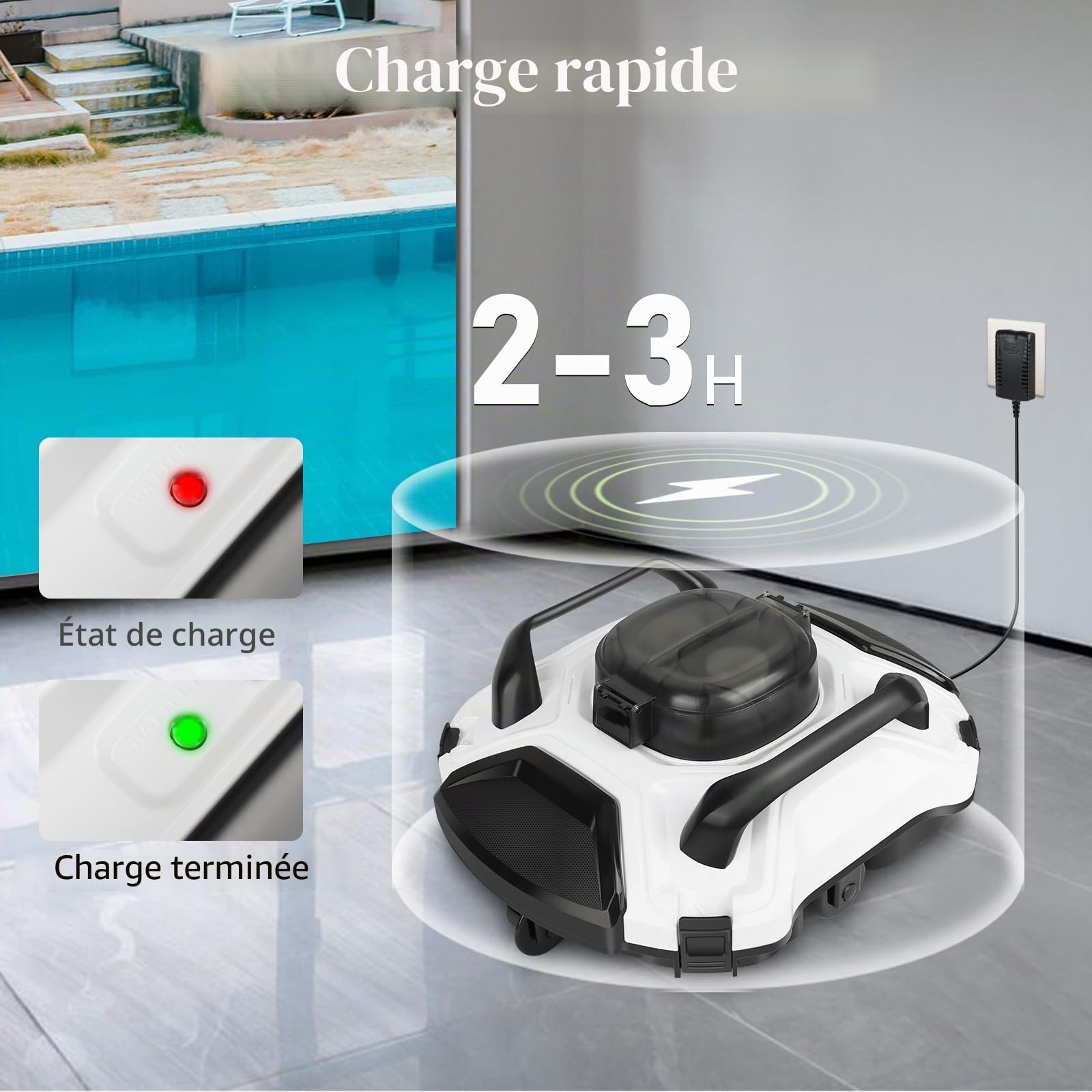 Robot Piscine Double Moteur, stationnement Auto, Batterie 5000mAh, 110min, Filtration 200μm, IPX8, idéal Fond Plat ≤85m²
