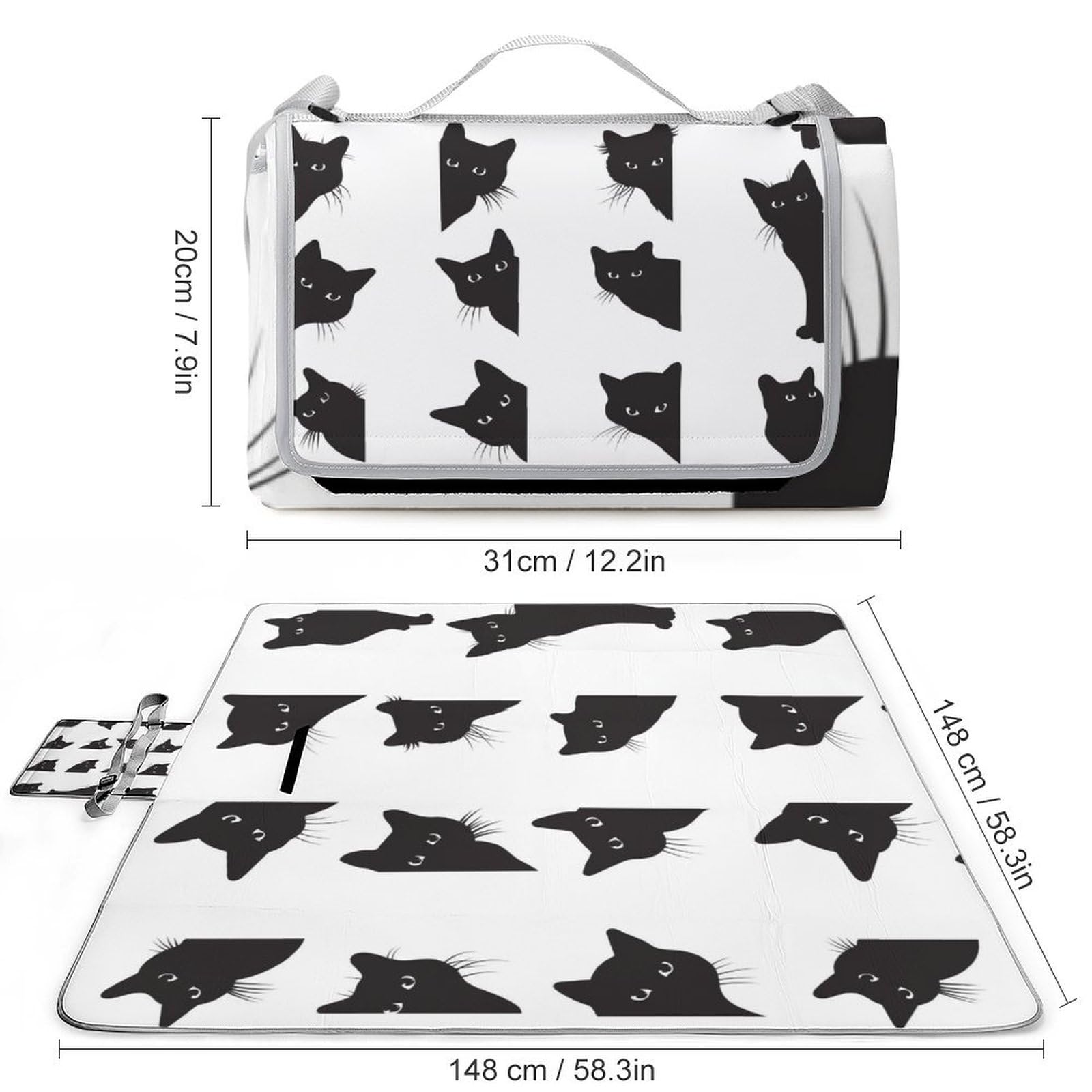 Tappetino da picnic, simpatico gatto nero, coperta quadrata da picnic, tappeti per esterni, 148 cm x 148 cm