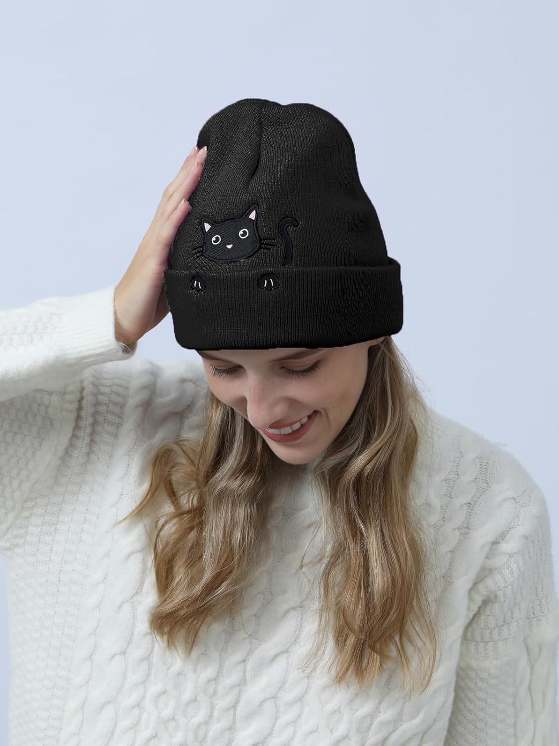 Women’s Cat Beanie Cute Cat Lover Gifts Animal Knitted Hats Christmas Stocking Stuffers for Women Girls - Image 4