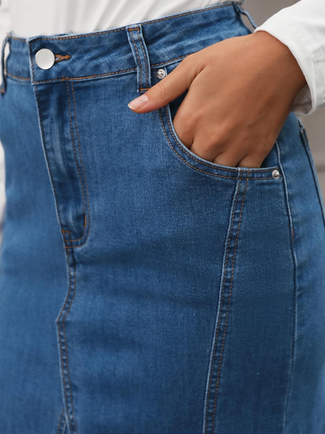 Womens Fishtail Long Jean Skirt High Waisted Stretchy Fit and Flare Midi Denim Skirts - Image 5