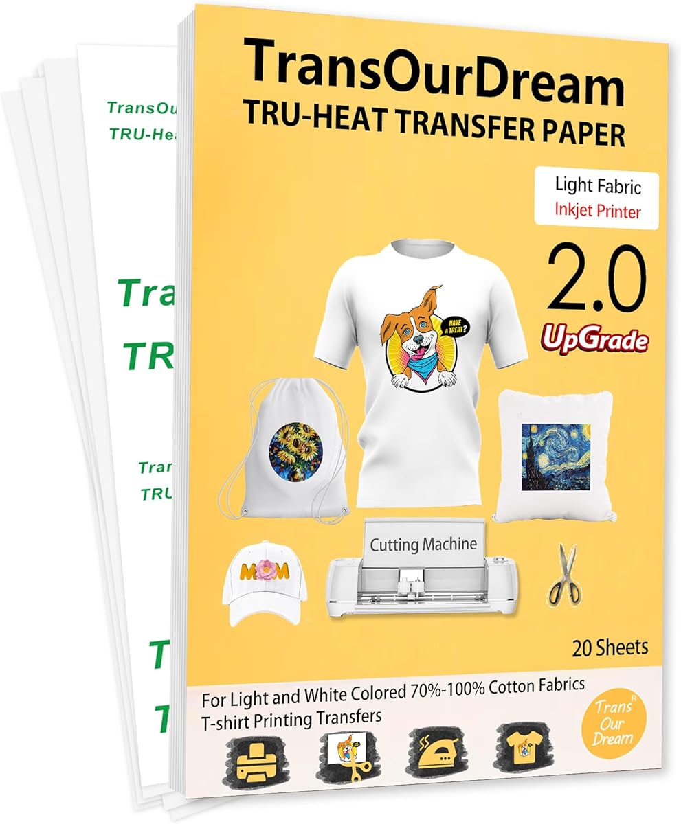 TransOurDream Upgraded Iron on Heat Transfer Paper for T Shirts (20 Sheets, 8.5x11) Iron on Transfers for Light Fabric Printable Heat Transfer Vinyl for Inkjet Printer (TOD-4)