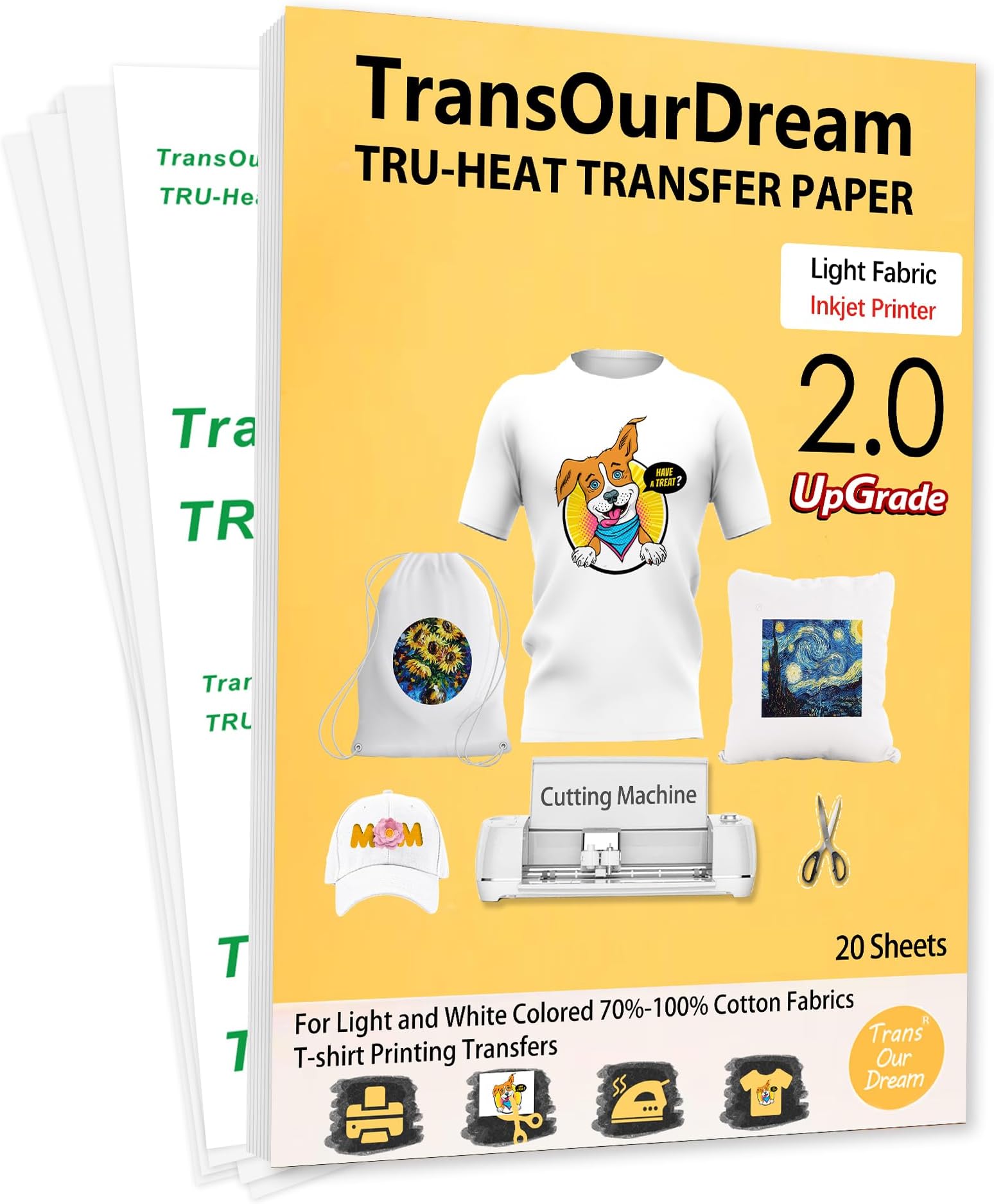 TransOurDream Tru-Transfer Paper T-Shirt Printing 20 Sheets A4 Inkjet Heat Transfers for Light Fabric Printable Vinyl Upgraded 2.0 Iron on Printer Paper for White T-Shirts/Textiles/Clothes