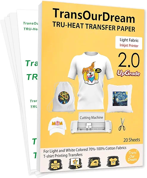 TransOurDream Upgraded Iron on Heat Transfer Paper for T Shirts (20 Sheets, 8.5x11) Iron on Transfers for Light Fabric Printable Heat Transfer Vinyl for Inkjet Printer (TOD-4)