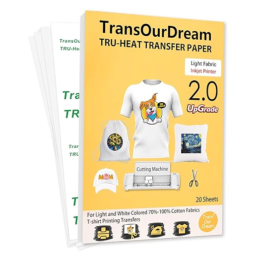 TransOurDream Upgraded Iron on Heat Transfer Paper for T Shirts (20 Sheets, 8.5x11") Iron-on Transfers Paper for Light Fabric Printable Heat Transfer Vinyl for Inkjet Printer (TOD-4)