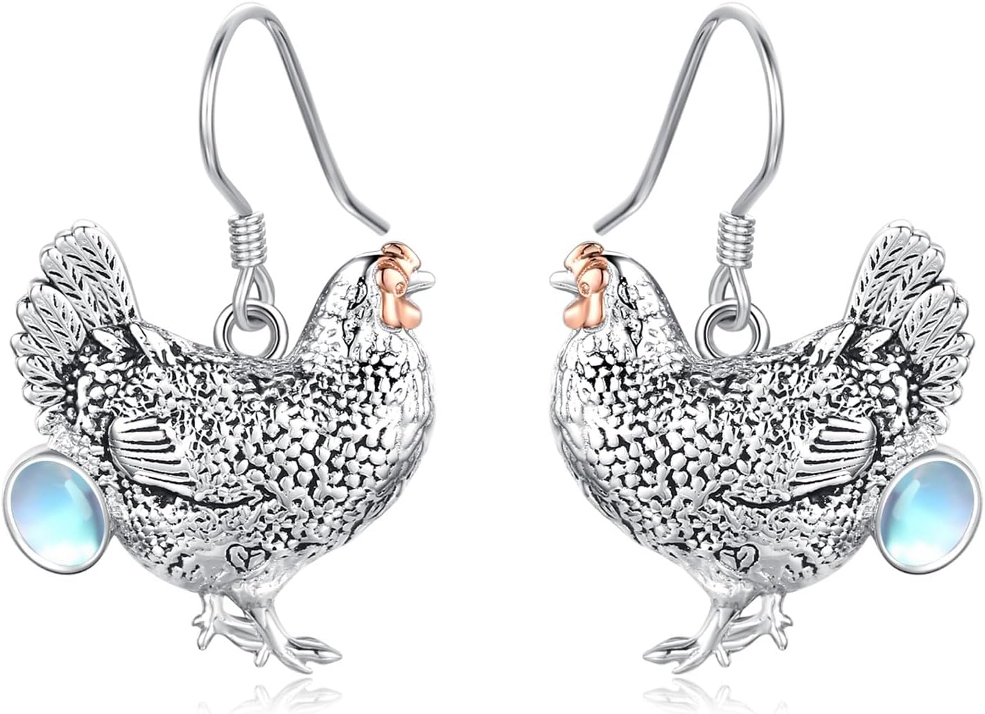 Chicken Earrings 925 Sterling Silver Hypoallergenic Dangle Earrings Moonstone Earrings Chicken Jewelry Gifts for Women