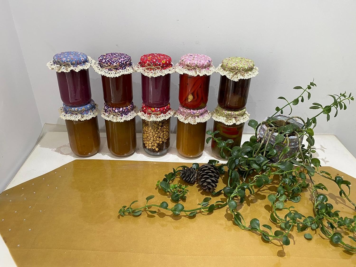 10 Pieces Elastic Jar Cover Cloth - 100% Cotton - Stretchy Colorful (Red,Blue,Yellow,Pink,Green) Flowered Pattern - Breathable Fermentation Lid Bowl - Reusable Elastic Cloth Jar Covers