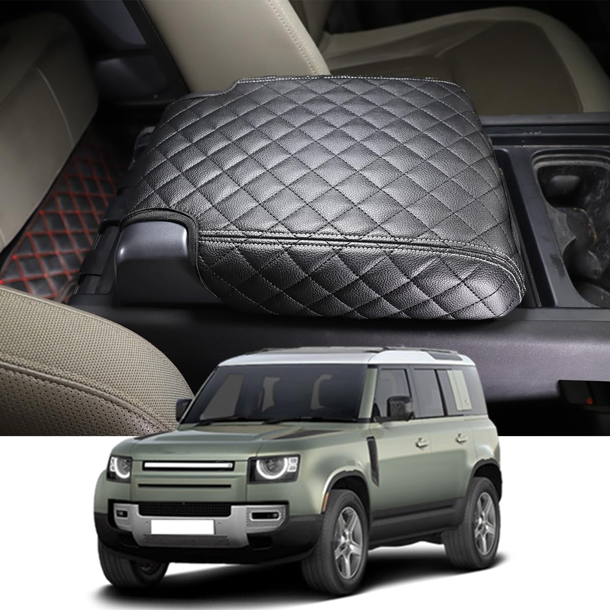 Car Armrest Box Pad Compatible with Land Rover Defender 90 110 130 2020-2024 Car Center Armrest Cover，Black Leather Console lid Protector, Anti-Scratch Interior Accessories (Style A)