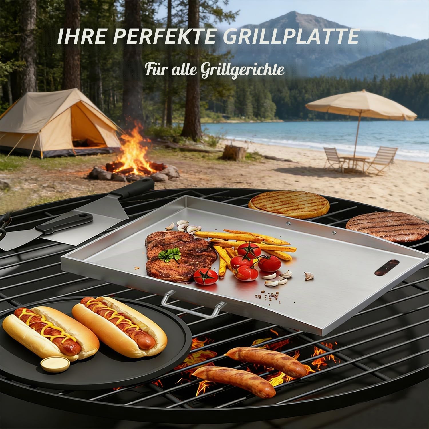 Grillplatte 40x30cm aus Edelstahl 304 mit Grillspachtel Set | Robuste 4mm Edelstahlplatte für Grill, Feuerstelle und Herd.Inklusive praktischem Zubehör für vielseitige Nutzung