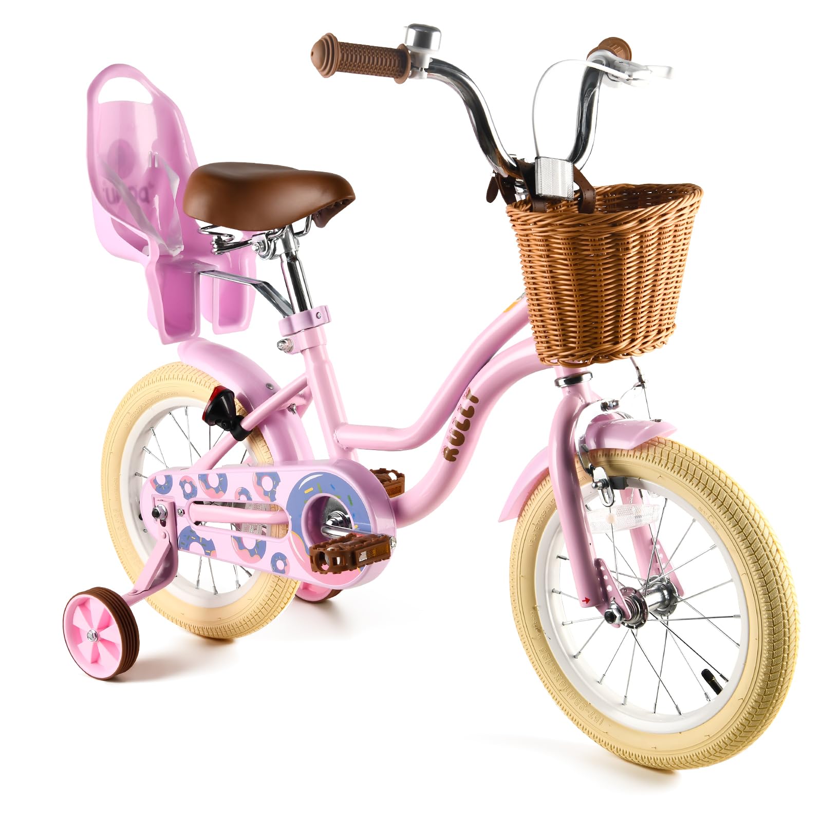 RULLY Bicicletta Bambina con Rotelle, Cestino e Seggiolino per Bambola, Sella Regolabile, per 2–7 Anni, Rosa/Viola/Blu
