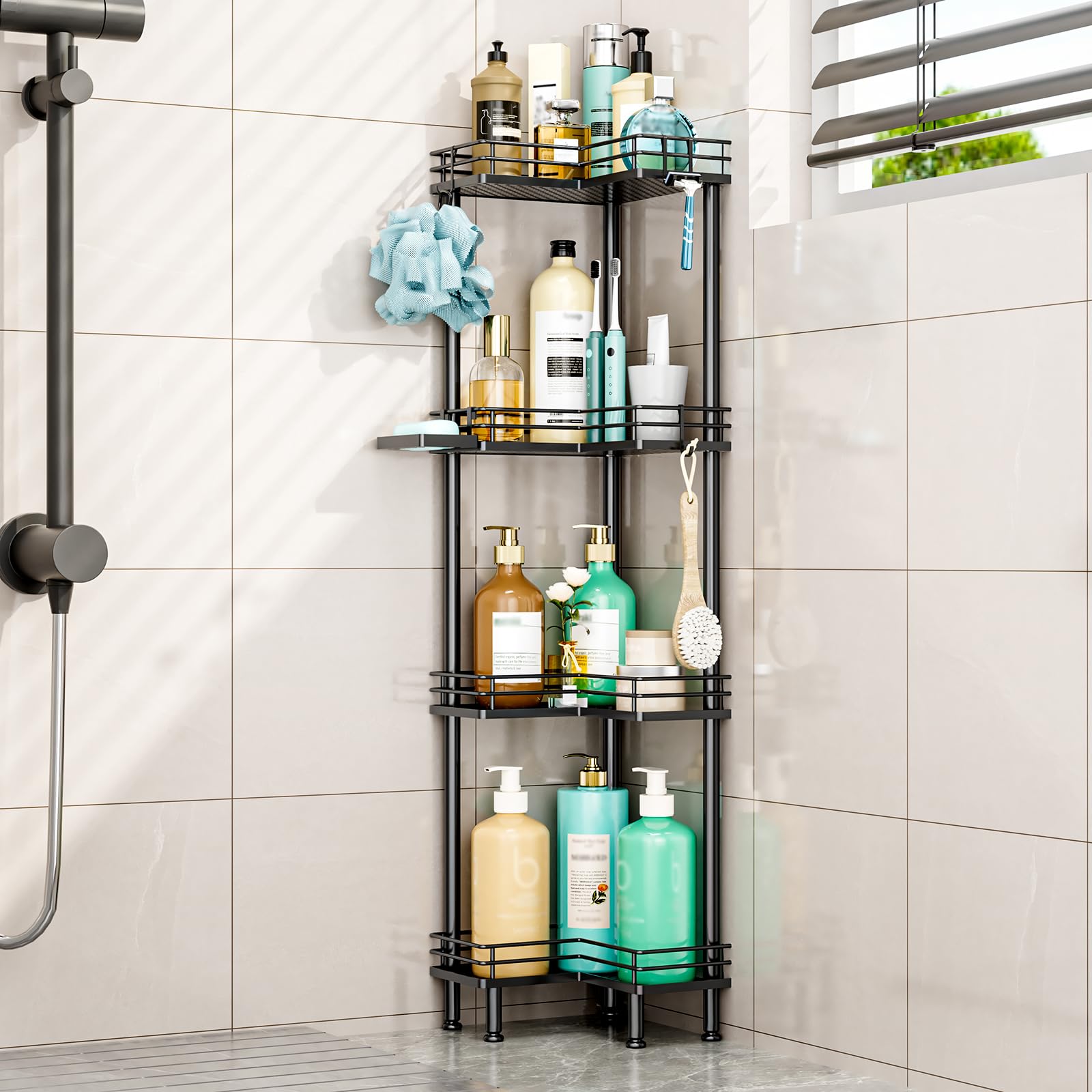 HapiRm Freestanding Shower Caddy Corner - 4 Tier Shower Storage with Soap Holder, Stainless Steel Corner Bathroom Storage with 4 Hooks for Shampoo, Tall Floor Bathroom Caddy Freestanding