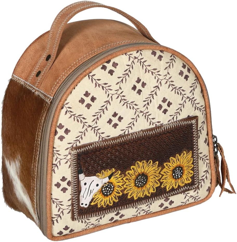 Bags OHV249 Jewelry Case Hand Tooled Upcycled Canvas Hair-On Genuine Leather Women Bag Western Handbag Purse