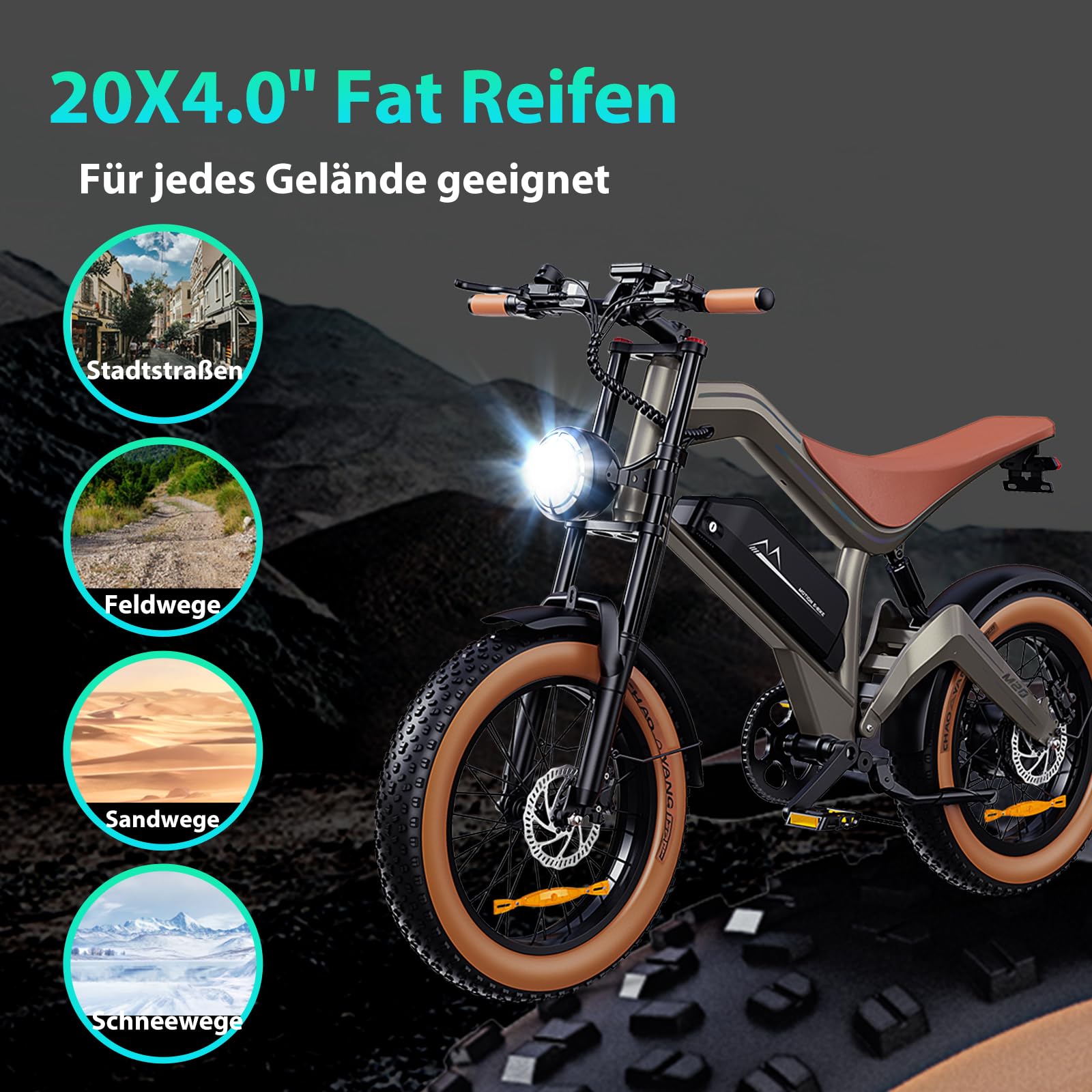 E Bike Herren, 20 * 4.0" All-Terrain Fat Reifen Elektrofahrrad mit 250W 74NM Motor 48V 18.2Ah Akku, mit APP, 25km/h bis zu 100km, 7-Gang Getriebe Scheibenbremse, M20