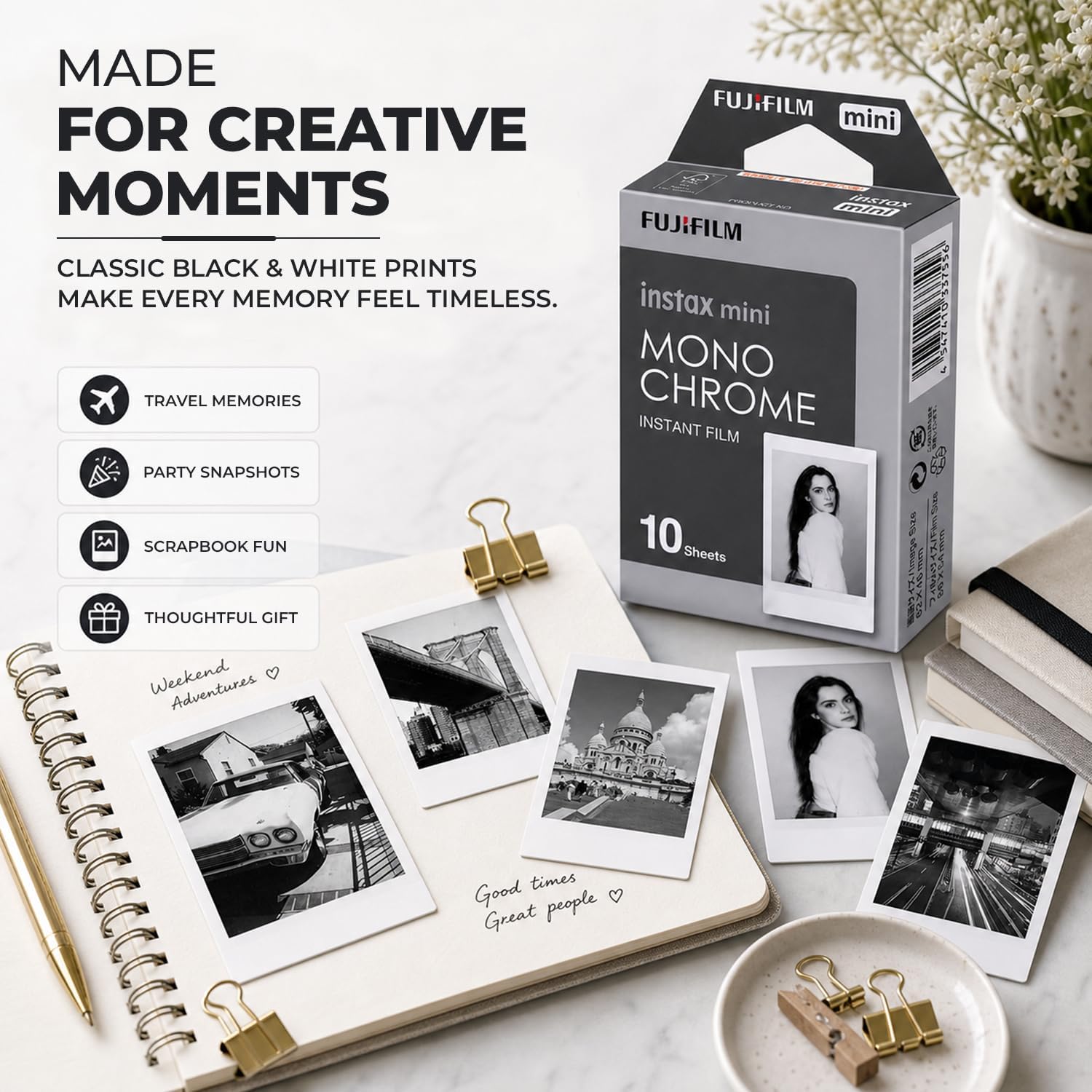 FUJIFILM Instax Mini Monochrome Instant Film (20 Shots) + 4 AA Batteries + BluebirdSales Microfiber Cleaning Cloth – Creative Photography Bundle (20 Shots Monochrome)