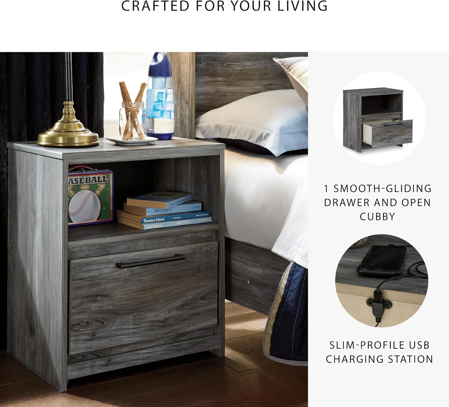 Signature Design by Ashley Baystorm Rustic Coastal 1 Drawer Nightstand with 1 Open Cubby & 2 Slim-Profile USB Charging Stations, 24.45" Tall, Smoky Gray