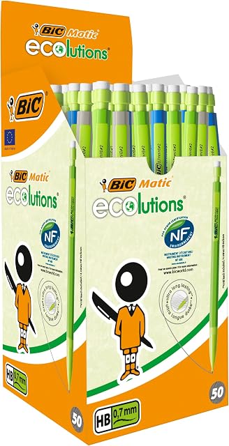 BIC Matic ECOlutions Mechanical Pencils - Box of 50 with Assorted Barrel Colours - 0.7 mm HB Friendly Pencils with Resistant Leads, black