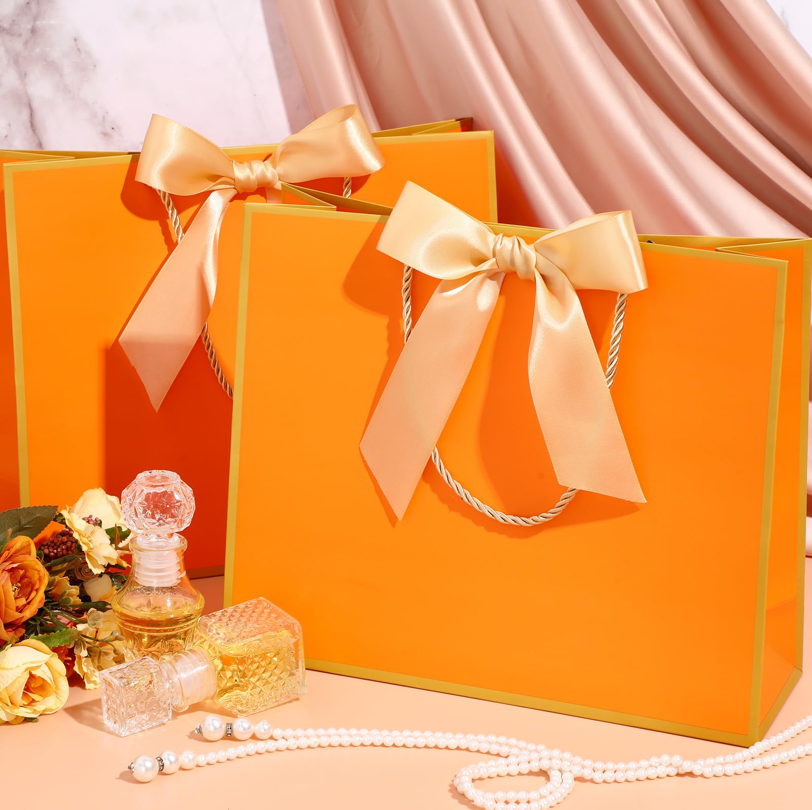 Silkfly 12 Pcs Gift Bags with Handles for Bridesmaid, 12x10x4'' Wedding Welcome Elegant Gift Bags with Bow Ribbon for Graduation Groomsmen Women Baby Shower Birthday Housewarming (Orange,Gold)