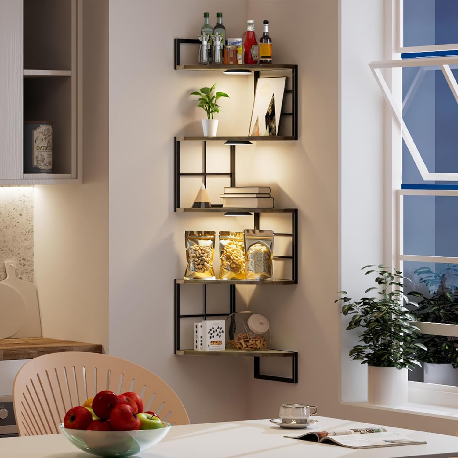 Corner Floating Shelves with Lights - 5 Tiers Corner Shelf Wall Mounted, Bookshelf with LED Light, Floating Shelves for Wall, Display Shelf for Bedroom, Living Room, Office & Home Decor-Brown