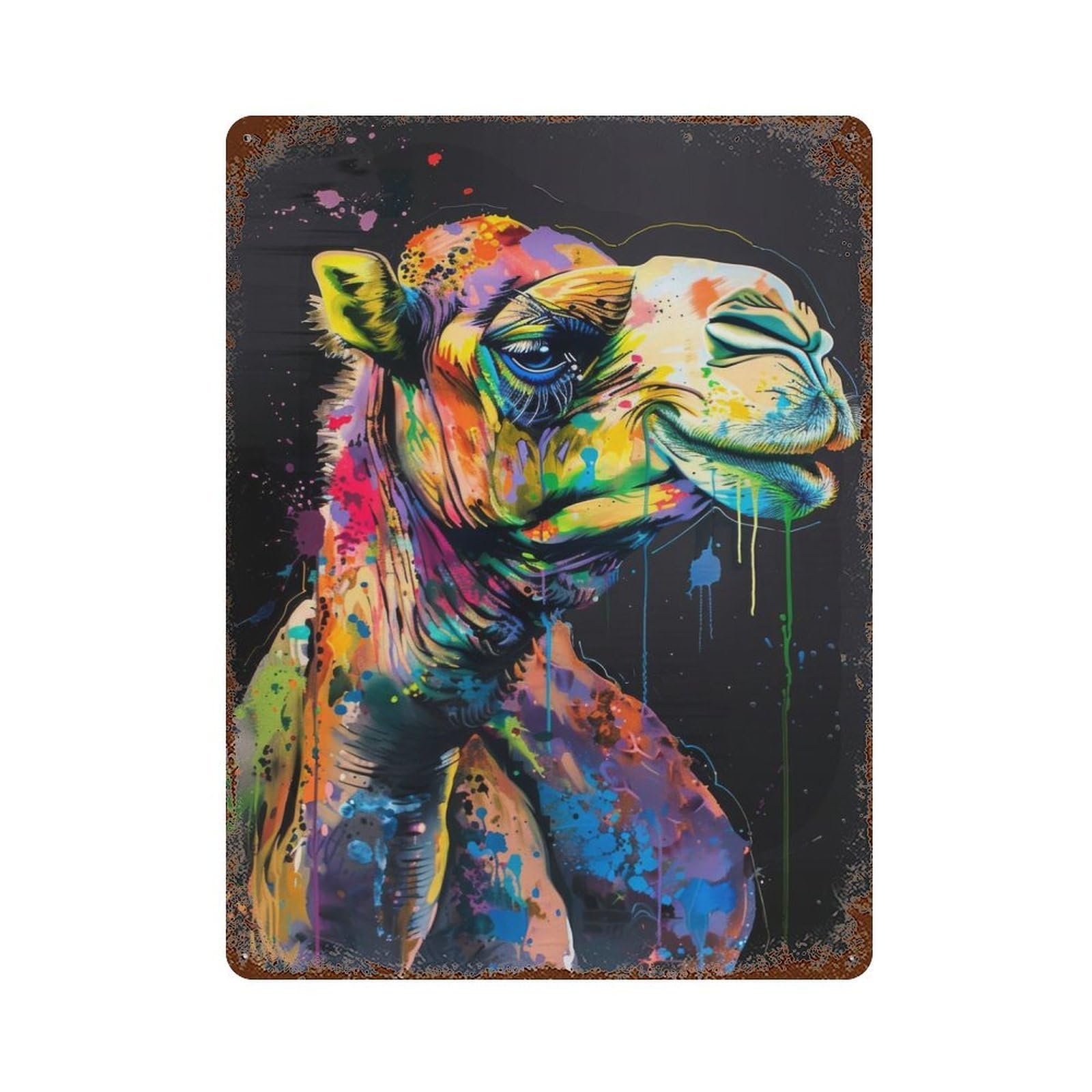 Decorative Tin Sign Camel Popart Painting 15.7"x11.8", Decorative Metal Wall Art for Garage, Bar And Workshop Decor