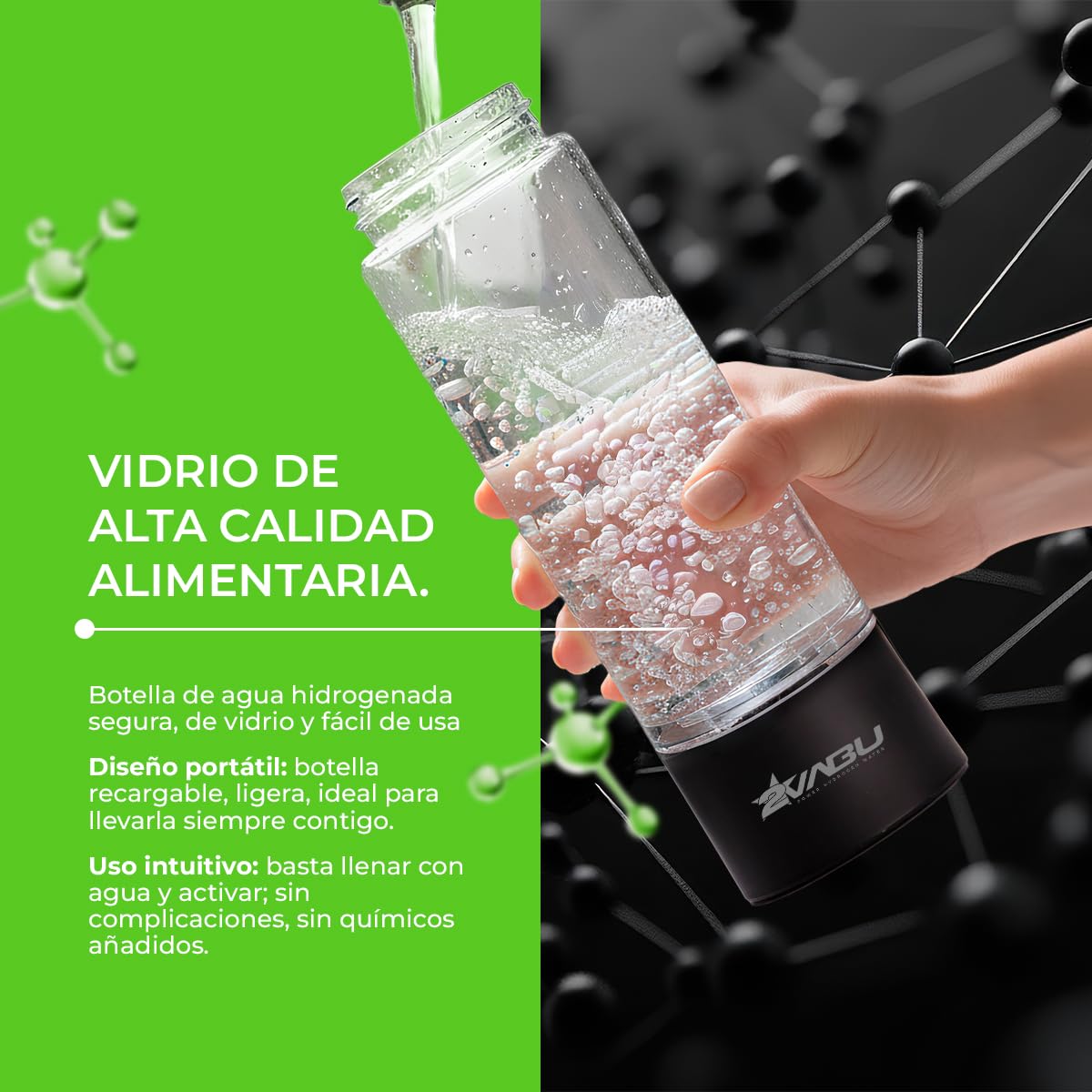 Botella de Agua Hidrogenada – 1400 PPB de Hidrógeno Molecular – Tecnología SPE/PEM de Alta Pureza – Incluye Funda Protectora - Auto limpieza Membrana - 400 ml (Molecular Sport)