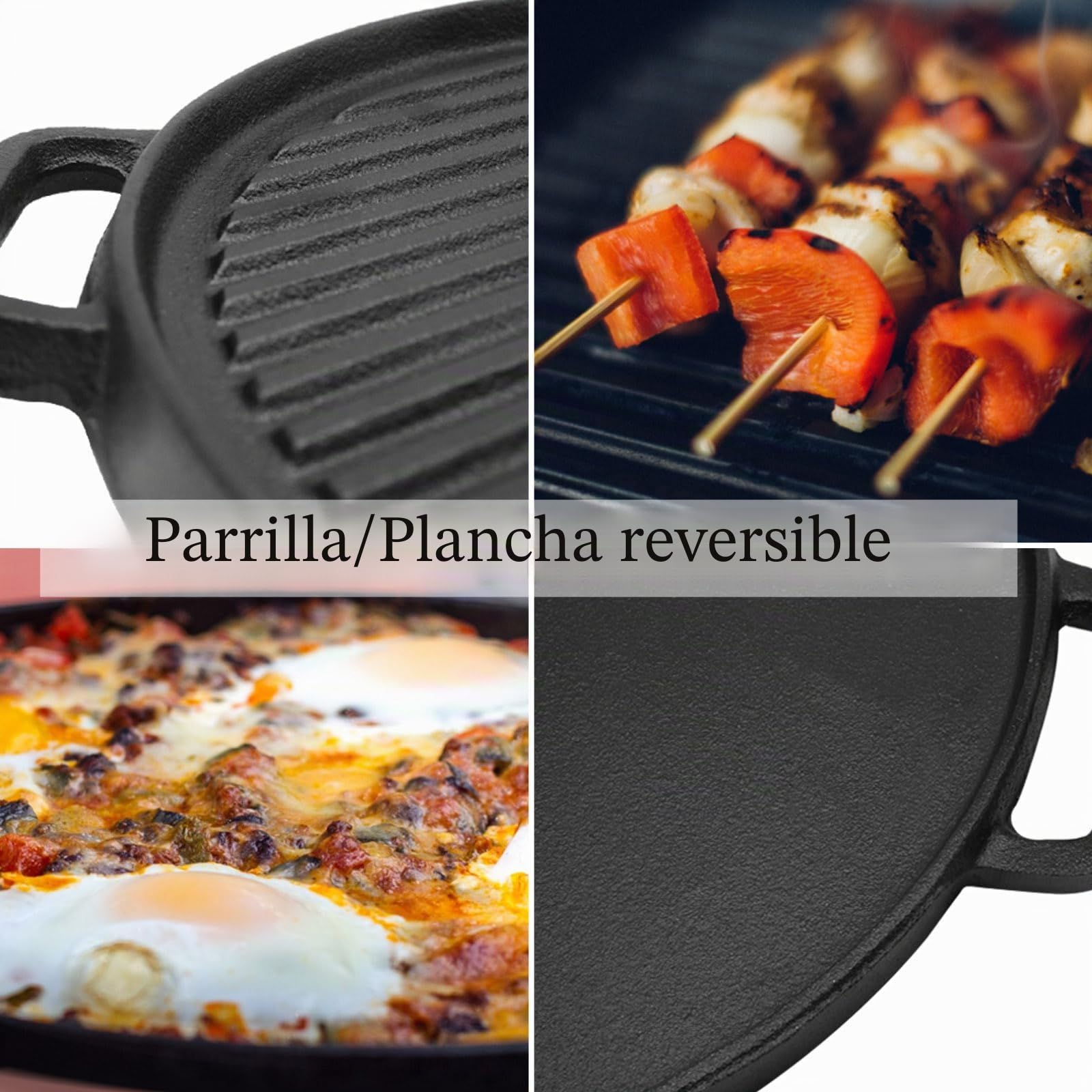 Plancha reversible de hierro fundido, sartén de doble cara con asas (30 cm)