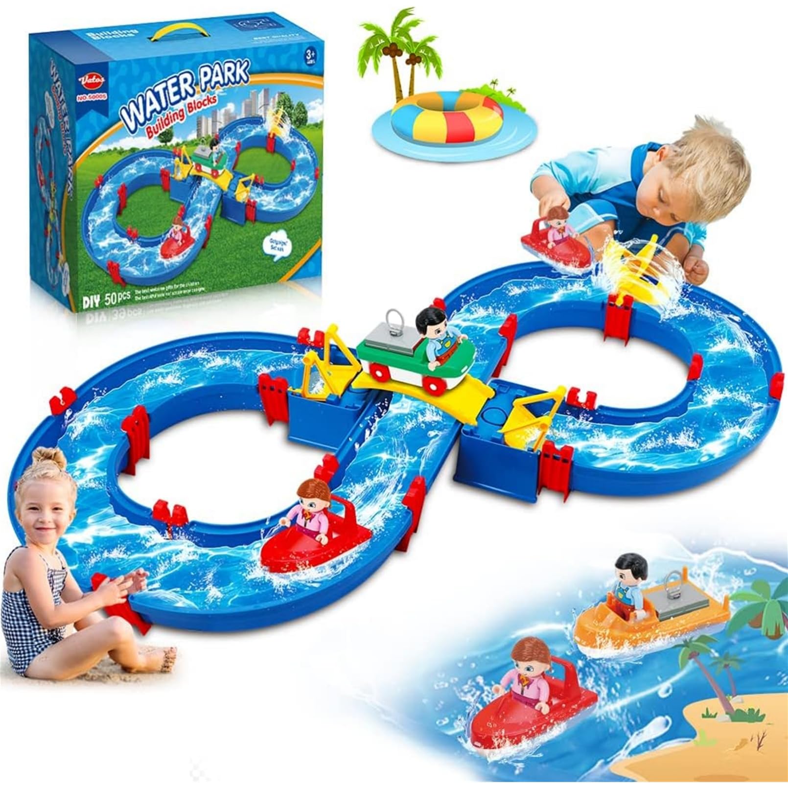 AM ANNA Kids Outdoor Water Table Toys for Toddlers, Water Park Playset 50PCS DIY Table Beach Toy on Backyard, Lawn, Pool Waterway Toy with 2 Boats for Kids in Summer Outdoor Backyard Beach