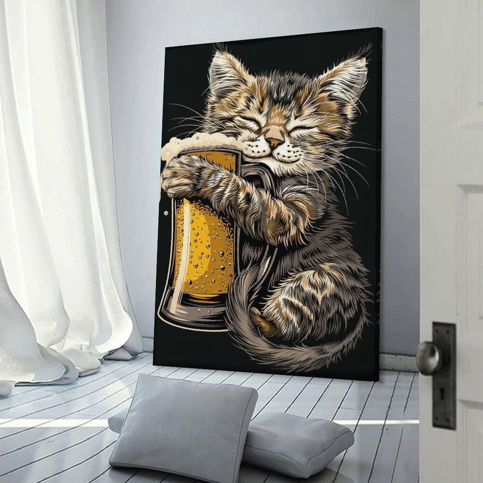 Junmoney Cat Beer Decorative Wall Artwork, 20x30inch(50x75cm), for Work Areas, Reading Rooms Or Studios, Wall Art That Adds Style to Work Areas