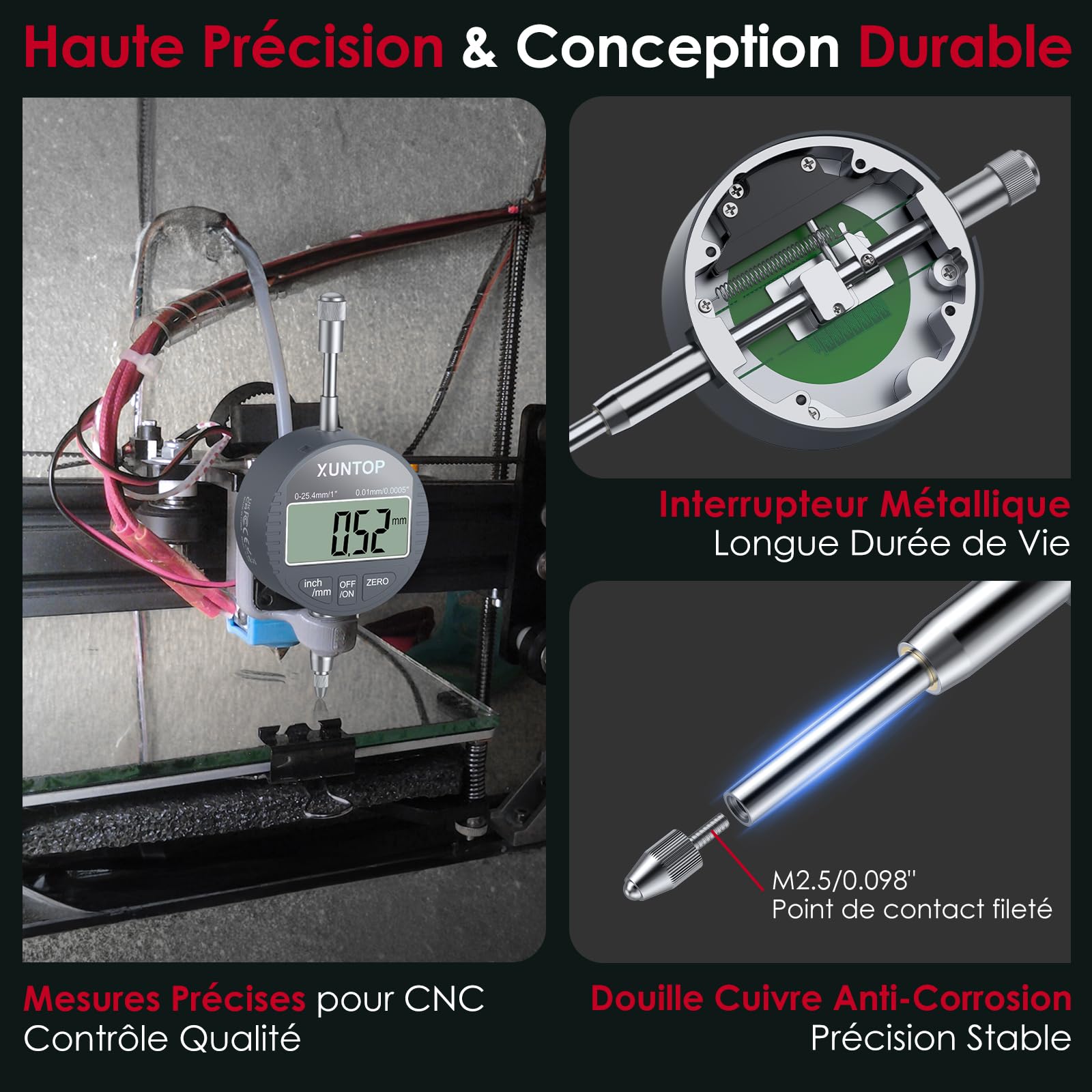 XUNTOP 25.4mm Comparateur Numérique avec 40kg Base Magnétique - LCD Affichage, Précision 0.01mm, Conversion mm/pouce - Outil de Mesure Professionnel pour Atelier, DIY et Usinage Industriel
