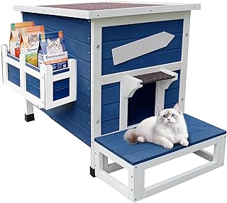 ROCKEVER Outdoor Cat Shelter with Escape Door Rainproof Outside Kitty House Single Story for Two-Three Cats Color Blue